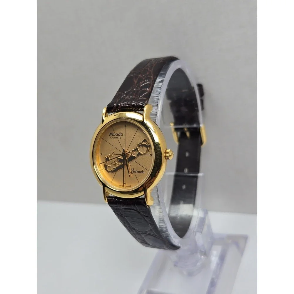 Womens Vintage Nivada Bermuda Map Swiss Quartz Gold Leather Watch New Battery